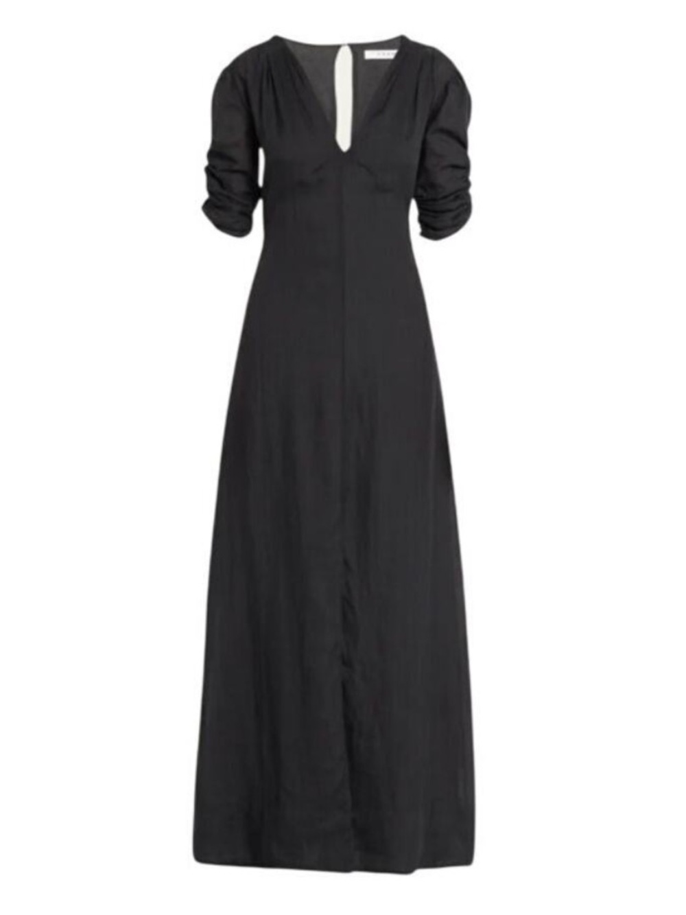 Frame Denim Black V-Neck Linen Maxi Dress with Ruched Sleeves